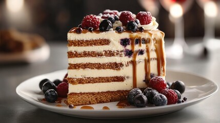 Canvas Print - Delicious Caramel Layer Cake Topped with Fresh Berries and Creamy Drizzle for a Sweet Indulgence