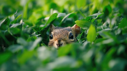 Curious small rodent peeking through lush green grass in a vibrant summer meadow setting.