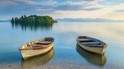 Naklejka na meble Serene morning at a tranquil sea with wooden boats on the shore and an island in the background under a clear sky
