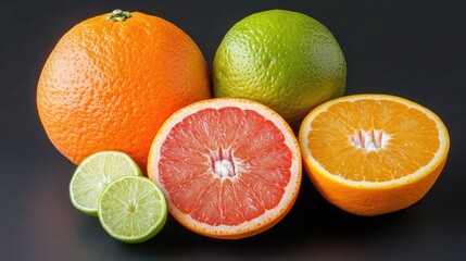 Wall Mural - Citrus Fruit Collection featuring orange grapefruit lime and tangerine arranged on a dark background enhancing vibrant colors and textures