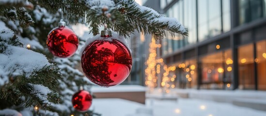 Wall Mural - Vibrant red baubles on snow-covered pine branches in a festive winter setting with blurred background lights and holiday spirit