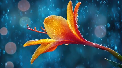 Wall Mural - Vibrant yellow and orange flower with raindrops set against a dreamy bokeh background showcasing nature's beauty and elegance.