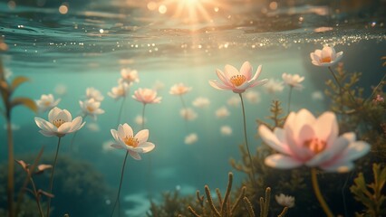 Enchanted Underwater Garden, Serene Pink and White Flowers Blooming Beneath the Surface, Sunlit Aquatic Scene