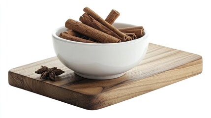 Wall Mural - Cinnamon sticks in a white bowl placed on a wooden cutting board with star anise for a rustic kitchen aesthetic