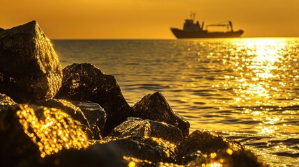 Wall Mural - serene coastal view featuring a ship on the horizon and shimmering golden rocks illuminated by sunse