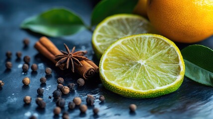 Poster - Citrus Lime Slices Fresh Spices and Green Leaves on Rustic Table Surface