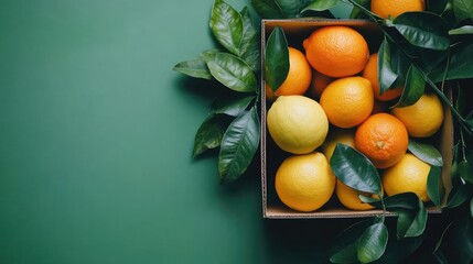 Wall Mural - Fresh Citrus Harvest with Lemon and Orange in Wooden Box Surrounded by Green Leaves Top View on Solid Background