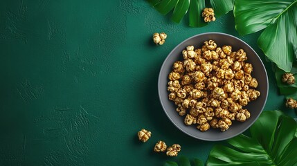 Canvas Print - Caramel popcorn in a gray bowl surrounded by green leaves on a textured background for enticing snack and dessert presentations