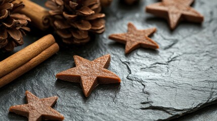 Canvas Print - Cinnamon star cookies arranged on slate with pine cones and cinnamon sticks for a festive decorative display