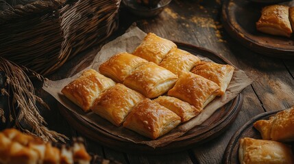 Canvas Print - Bakpia traditional sweet pastry on rustic wooden table with natural textures and lighting