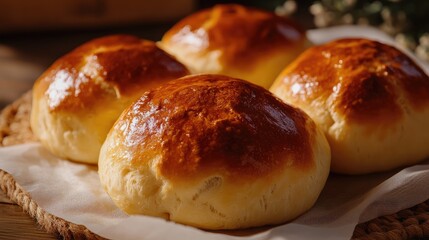 Canvas Print - Freshly baked golden sweet buns displayed on a rustic wooden surface with a soft focus background for a cozy bakery atmosphere.