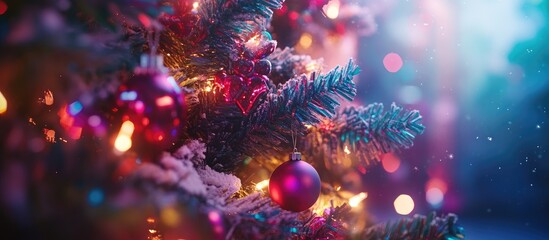 Canvas Print - Close up of an elegant Christmas tree featuring vibrant ornaments and glowing lights capturing the festive holiday atmosphere