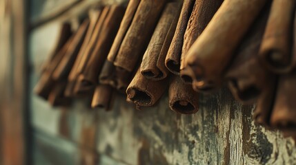 Wall Mural - Cinnamon sticks arranged on a weathered wooden wall in a macro shot showcasing texture and detail from a unique perspective angle