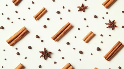 Wall Mural - Cinnamon sticks cloves and star anise arranged on a neutral background creating a vibrant aromatic spice composition