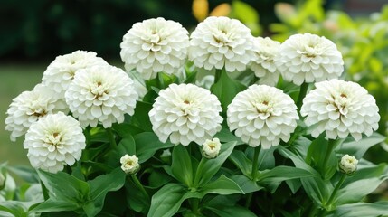 Canvas Print - Vibrant clusters of blooming white zinnias surrounded by lush green foliage in a serene garden setting