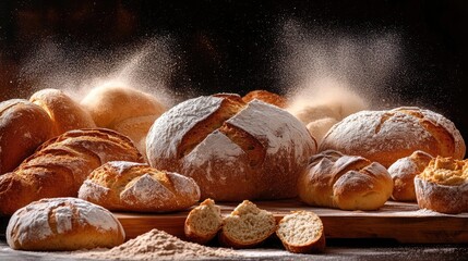 Wall Mural - Baking bread assortment with flour on wooden board showcasing artisanal loaves and rolls in a rustic kitchen setting