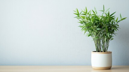 Canvas Print - Bamboo plant in contemporary office pot with minimalist design on wooden table against plain background