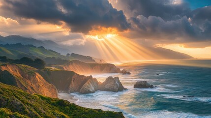 Wall Mural - sunset over rugged coastline with dramatic sun rays emerging through clouds illuminating the waves a