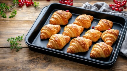 Canvas Print - Baking tray filled with golden mini croissants garnished with red currants on rustic wooden table with fresh herbs and linen cloth.