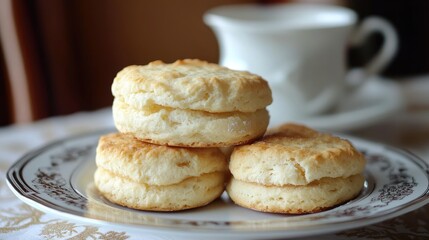 Canvas Print - Freshly baked fluffy biscuits served on a delicate plate with a cup of tea in the background perfect for afternoon tea gatherings