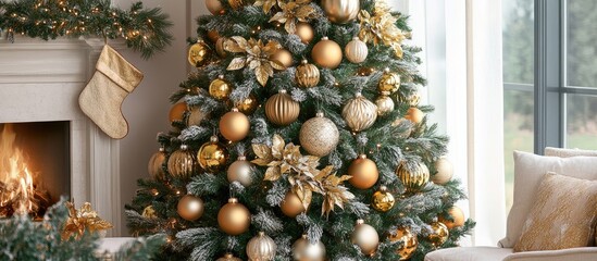 Canvas Print - Classic Christmas tree adorned with luxurious golden ornaments creating a warm festive atmosphere in a cozy home setting