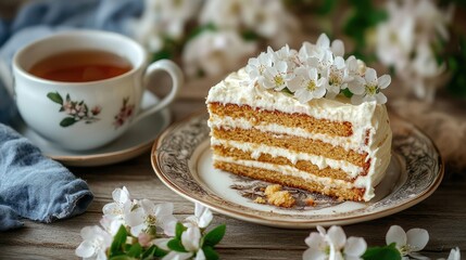 Canvas Print - Delicious layered cake served with a cup of tea and fresh flowers on a rustic wooden table setting