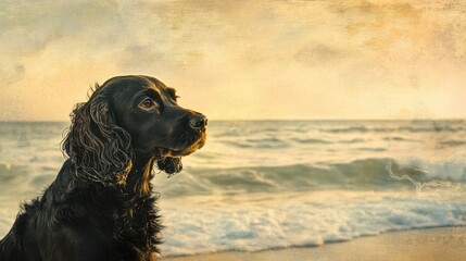 Wall Mural - cocker spaniel gazing at the sunset on the beach with gentle waves in the background capturing a ser