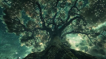 Wall Mural - A majestic tree viewed from below, its sprawling branches filled with clusters of glowing lights resembling stars against a dark, starry night sky. The tree trunk is thick and textured, contrasting be