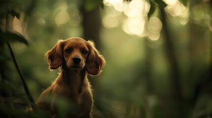 Wall Mural - cocker spaniel portrait with soft focus in a lush forest setting highlighting natural light and sere