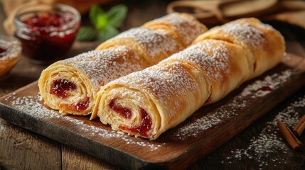 Canvas Print - Delicious rollini pastry filled with jam sprinkled with powdered sugar on a wooden board with a rustic backdrop