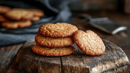 Canvas Print - Heart-shaped baked cookies stacked on a rustic wooden table with a vintage backdrop and soft lighting for a cozy atmosphere.