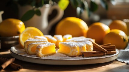 Wall Mural - Sliced lemon pie with powdered sugar served on a rustic plate surrounded by fresh lemons and cinnamon sticks in a cozy kitchen setting