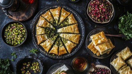 Canvas Print - Delicious baklava topped with pistachios served alongside fresh fruits and herbs on a dark rustic background.