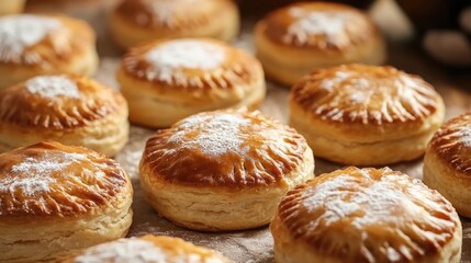 Sticker - freshly baked round pastry biscuits dusted with flour arranged on a wooden countertop