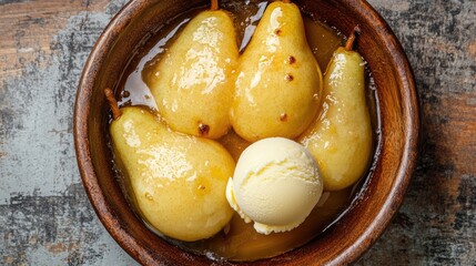 Canvas Print - Baked pears in orange juice served with a scoop of vanilla ice cream in a rustic bowl on a wooden surface