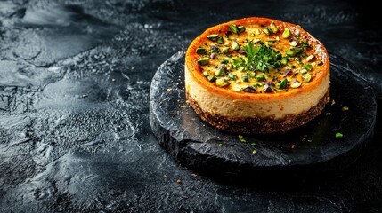 Canvas Print - Baked sweet cheesecake topped with pistachios and cream cheese on a dark textured background showcasing vibrant colors and textures.