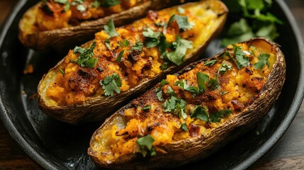 Poster - Baked potatoes topped with spices and fresh herbs served on a rustic plate for a delicious and appetizing culinary experience