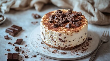 Canvas Print - Homemade chocolate cottage cheese cake on a rustic table with chocolate pieces and selective focus perfect for dessert lovers