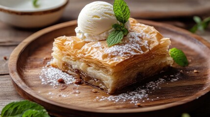 Canvas Print - Baklava dessert topped with vanilla ice cream served on a wooden plate with fresh mint leaves