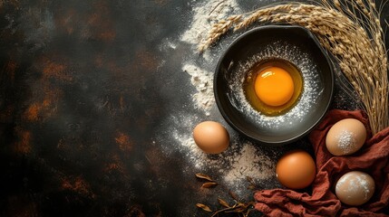 Canvas Print - Rustic bakery ingredients with fresh eggs and flour on a dark background for culinary inspiration and baking themes