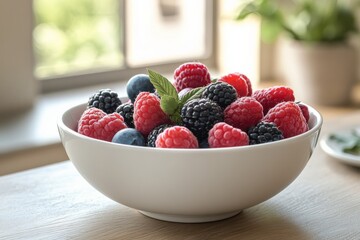 Wall Mural - Freshly picked berries in a white bowl on a kitchen countertop with mint leaves