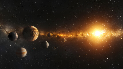 Wall Mural - Aligned planets and celestial bodies floating in deep cosmic backdrop. Luminiferous. Illustration