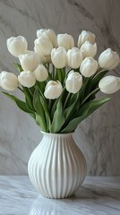 Wall Mural - White tulips arranged in a simple vase on a wooden table in a cozy living room setting