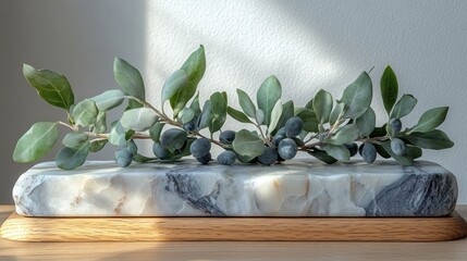 Wall Mural - Olive branch with dark blue olives on marble and wood.