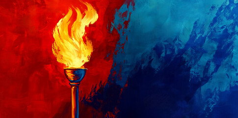 Wall Mural - torch with a flame, against a red and blue abstract background.