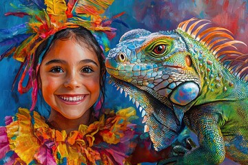 Poster - Colorful Girl Smiles Beside Vibrant Iguana