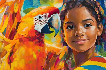 Canvas Print - Vibrant Macaw and Young Girl Portrait in Bold Colors