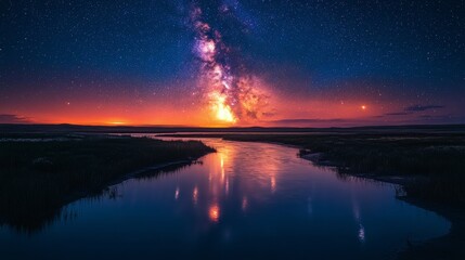 Wall Mural - Stunning sunrise over calm lake reflecting Milky Way in a peaceful wilderness setting