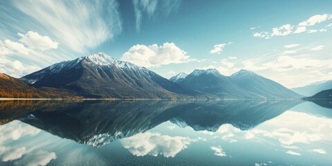 Sticker - Visualizing a tranquil mountain scene with a clear lake reflecting peaks, soft white clouds sharply contrasting with a brilliant blue sky.