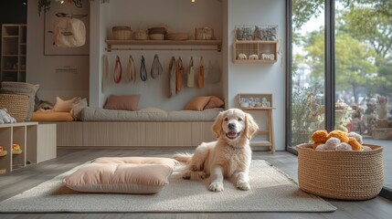 Wall Mural - Golden retriever puppy in pet shop.